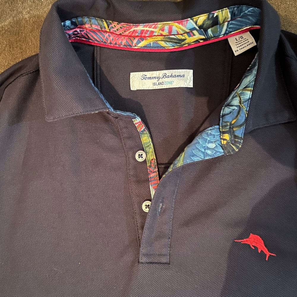 Tommy Bahama Fuego palms islandzone polo t shirt. Navy Blue, size Large